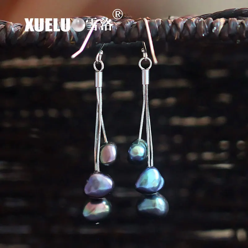 XUELUO 2019 Fashion 925 Sterling Silver Natural Real Cultured Fresh water Black Baroque Pearl Earrings | Украшения и аксессуары