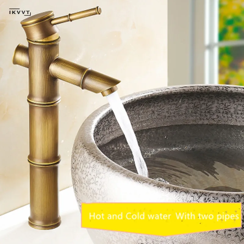 

Antique Brass Vessel Faucet Waterfall Bathroom Sink Faucet Vessel Tall Bamboo Water Tap Mixer Torneiras Monocomando Hot Cold