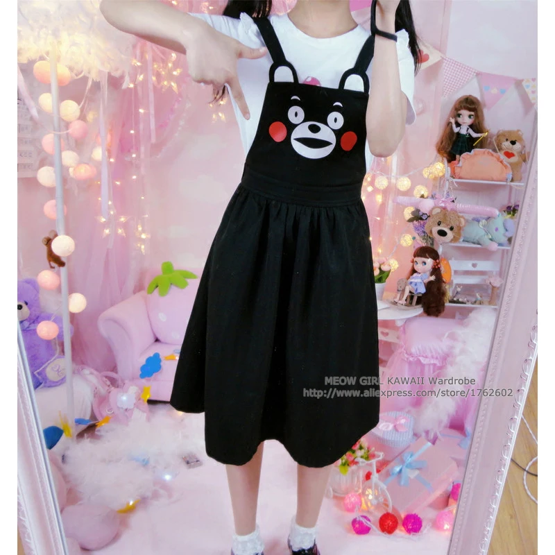 Очень милое платье японского аниме Кумамон на подтяжках черное с медведем из
