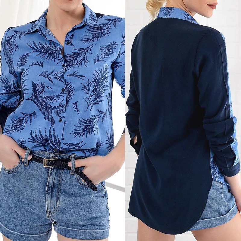 Печать Асимметричные простроченные длинных \ x2dsleeved Ms. шифоновая рубашка блузка
