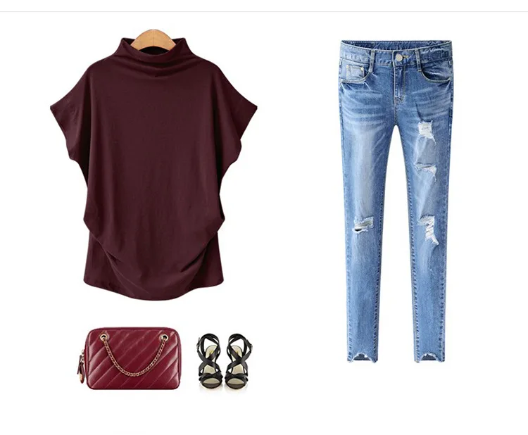 Plus Size 6XL Women Summer T-Shirt Short Batwing Sleeve Loose Solid Gray Turtleneck Tee Shirt New T-Shirts Femme Tees Tops