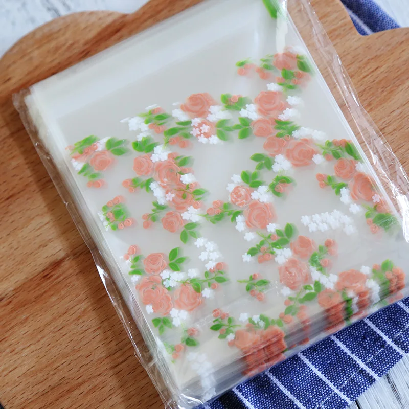 100 pcs Rose flower 7 x 7cm adhesive cookies diy Gift Bags for Christmas birthday Party Candy Food&ampHandmade soap Packaging bags | Дом и сад