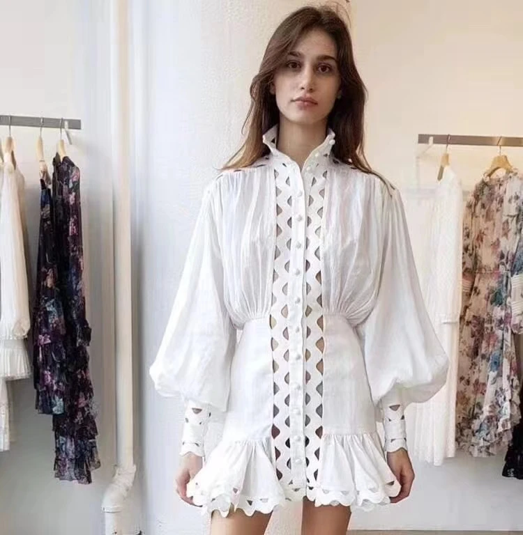 Модное женское платье 2019 белое Клубное с длинным рукавом и оборками Короткие