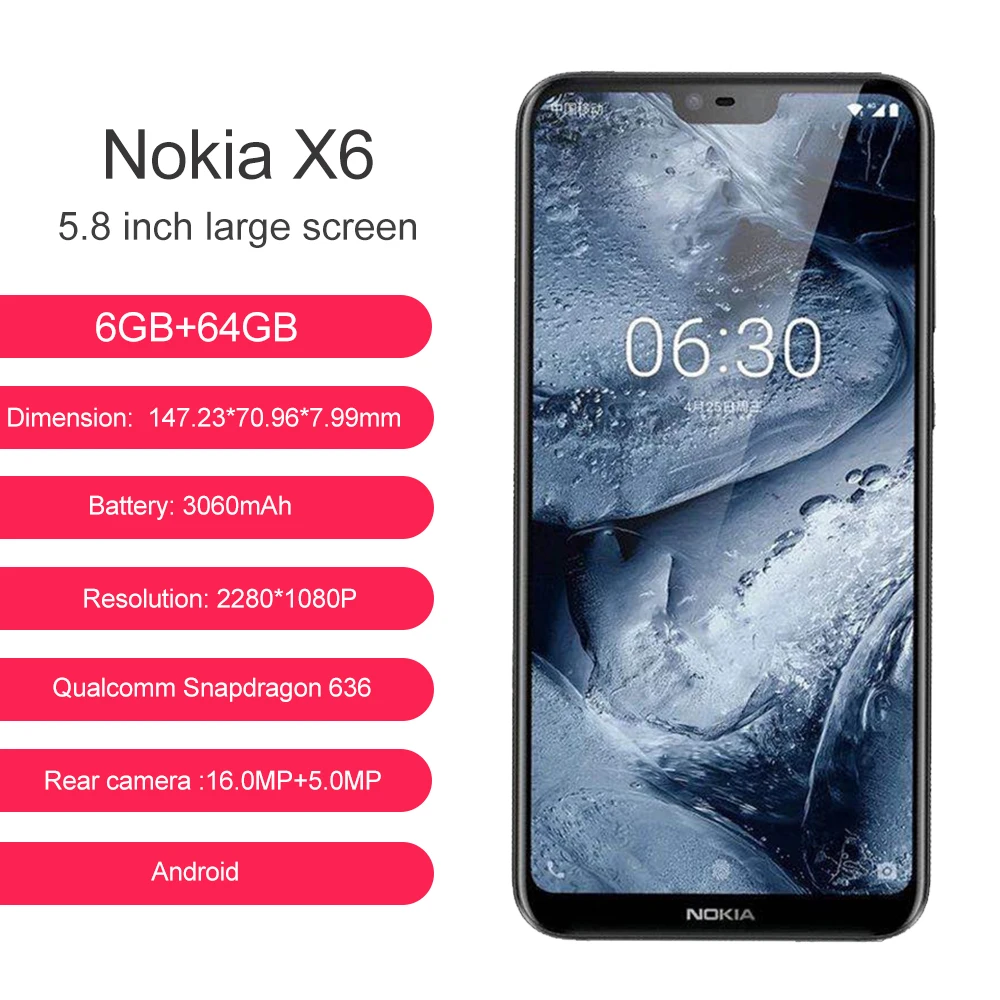 Оригинальный смартфон Nokia X6 на базе Android 5 8 дюймовый экран 18:9 Восьмиядерный