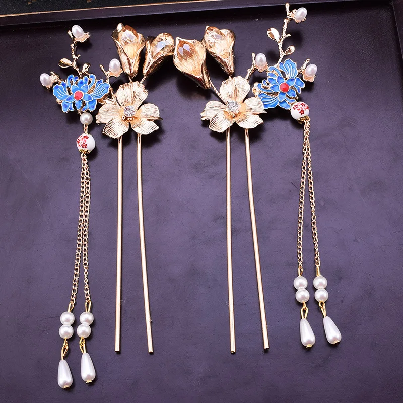 

Chinese style blue flower pearl hair sticks cloisonne gold bride's hair stick