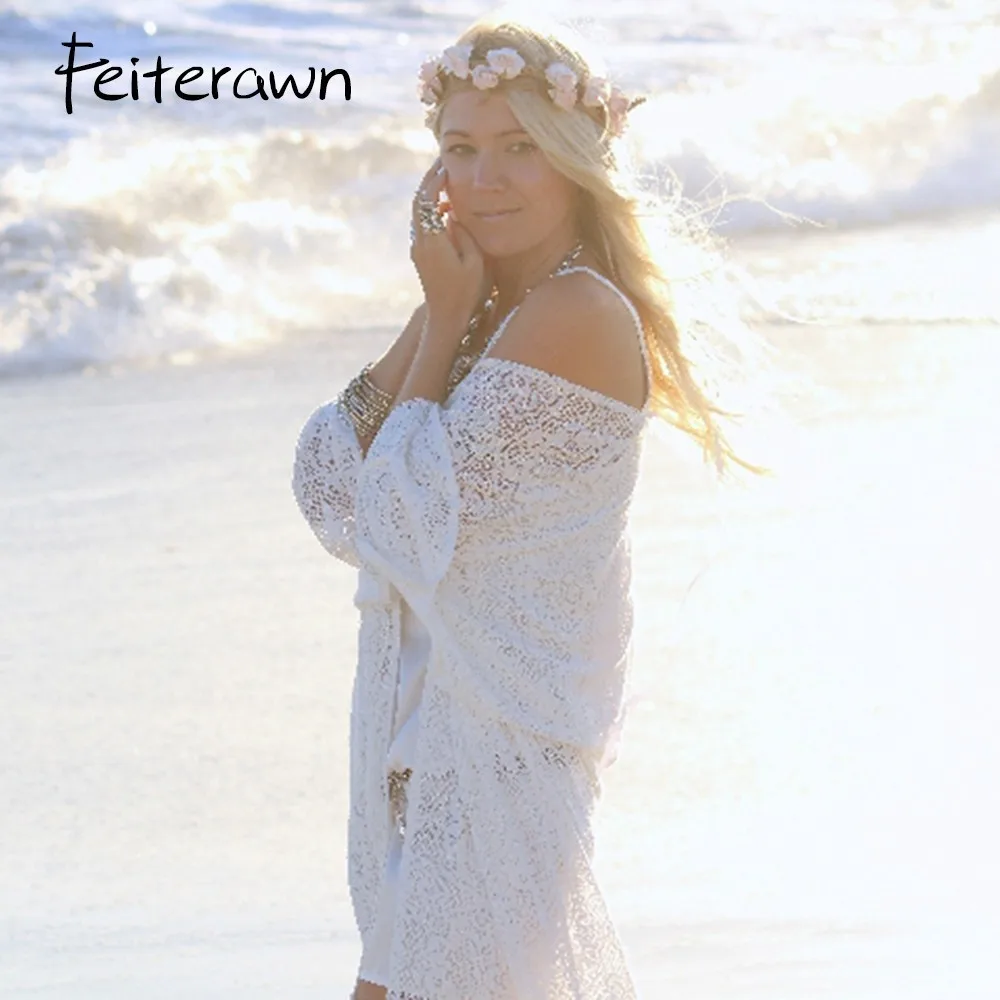 Feiterawn 2018 для женщин летние с длинным рукавом ажурное платье See Through однотонные
