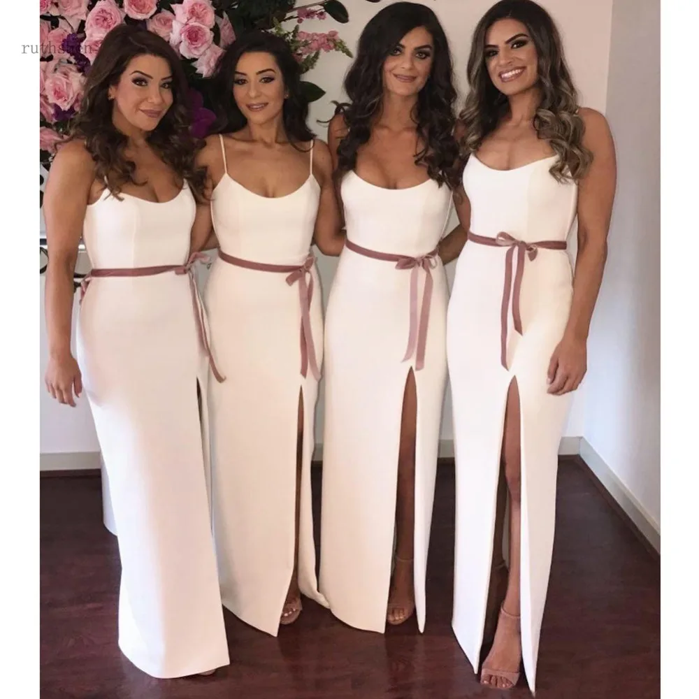

Bridesmaid Dresses Long Straps Side Split Ribbon Sheath Maid Of Honor Dresses Party Wear Satin Cheap Wedding Guest Dress