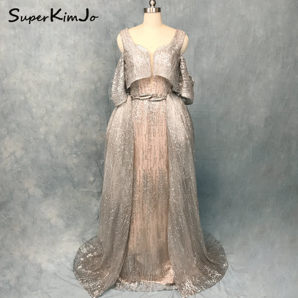 

SuperKimJo Detachable Skirt Evening Dresses 2018 Silver Sparkly Sexy Evening Gown Dress Elegant Vestido Longo