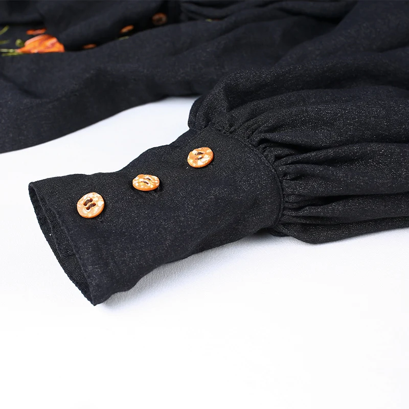 

Spring Autumn Vintage Women Casual Ultra Loose Batwing Sleeve Single Breasted Embroidery Black Long Shirt Blouse