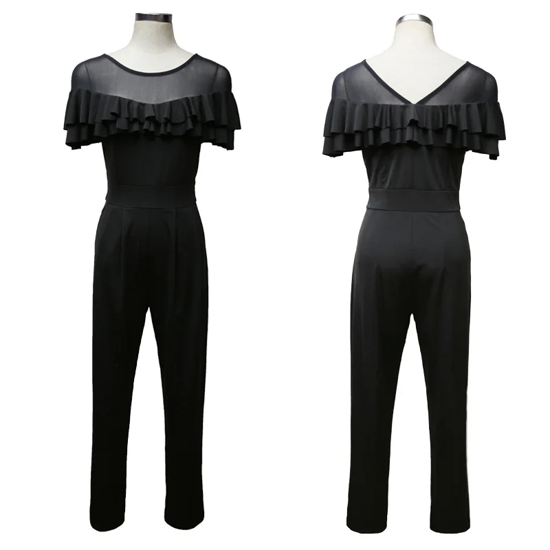 

Liva Girl Black Elegant Mesh Jumpsuit Women 2019 Spring Ruffle Neck Casual Long Pants Female Office Rompers Womens Wine Playsuit