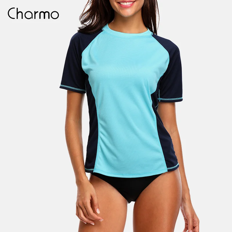 BLU Charmo, короткий рукав, Женский Рашгард, Одноцветный, купальник, для серфинга, топ, для бега, для езды на велосипеде, рубашки, Рашгард, UPF 50 - Цвет: BLU