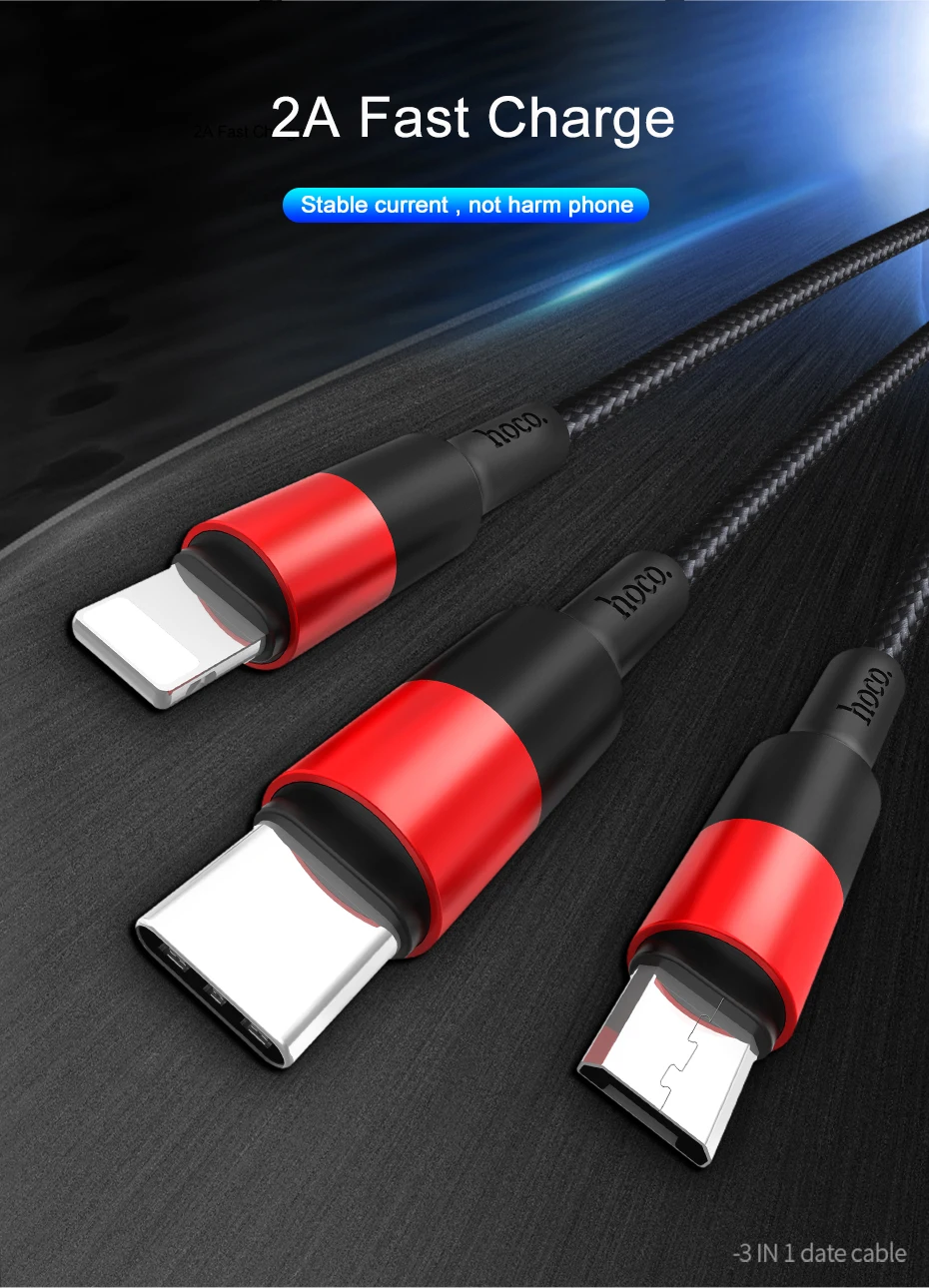 HOCO 3 в 1 USB кабель для iPhone X 8 7 6 3в1 Micro usb type C кабель зарядного устройства для samsung S9 Универсальный мобильный кабель для зарядки телефона