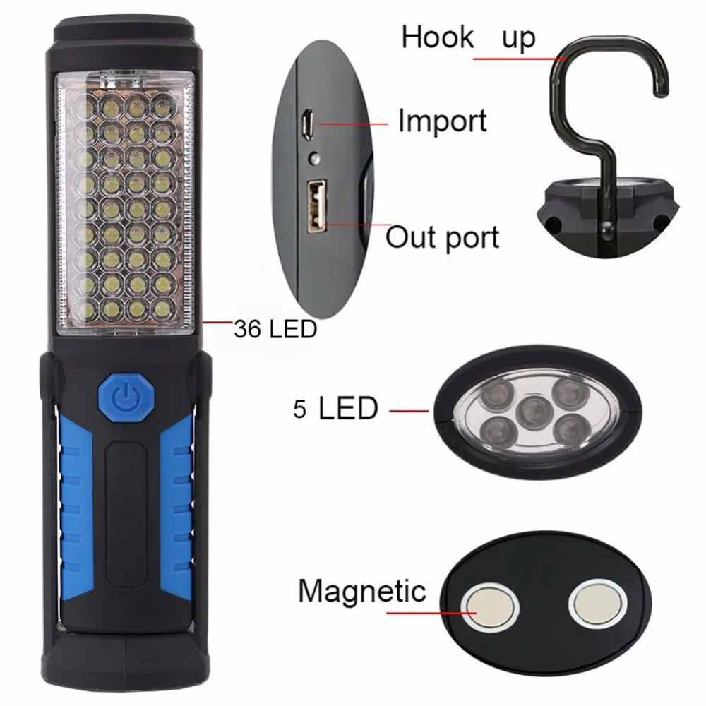 36 + 5 Led Рабочая лампа USB Перезаряжаемый фонарик Магнитный аварийный портативный