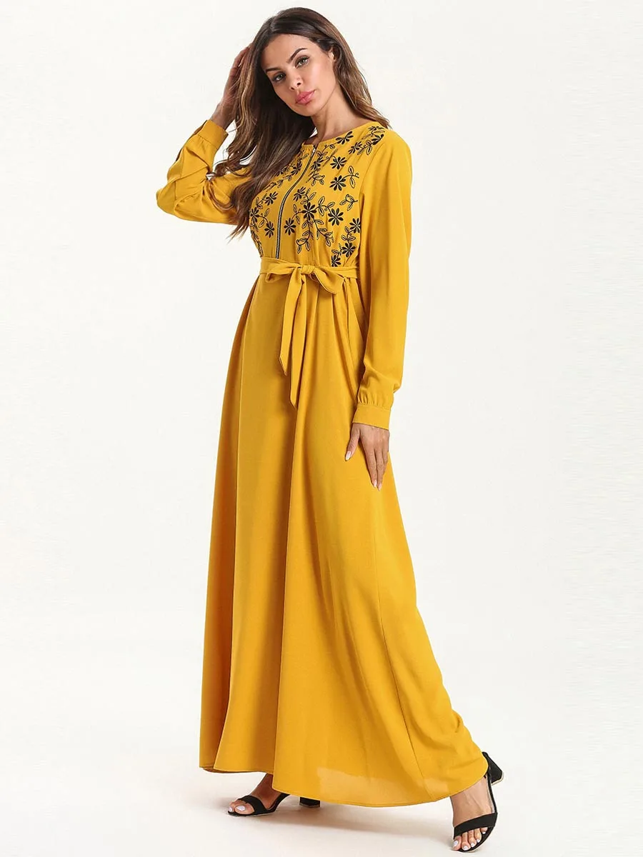 Женское мусульманское abaya желтое платье с цветочной вышивкой и длинным рукавом abaya кимоно Дубай платье в турецком стиле Исламская одежда