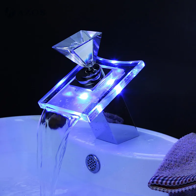 Dokorona LED Light Bathroom Waterfall Led Faucet Glass Wash Basin Mixer Tap Deck Mounted Single Handle | Обустройство дома