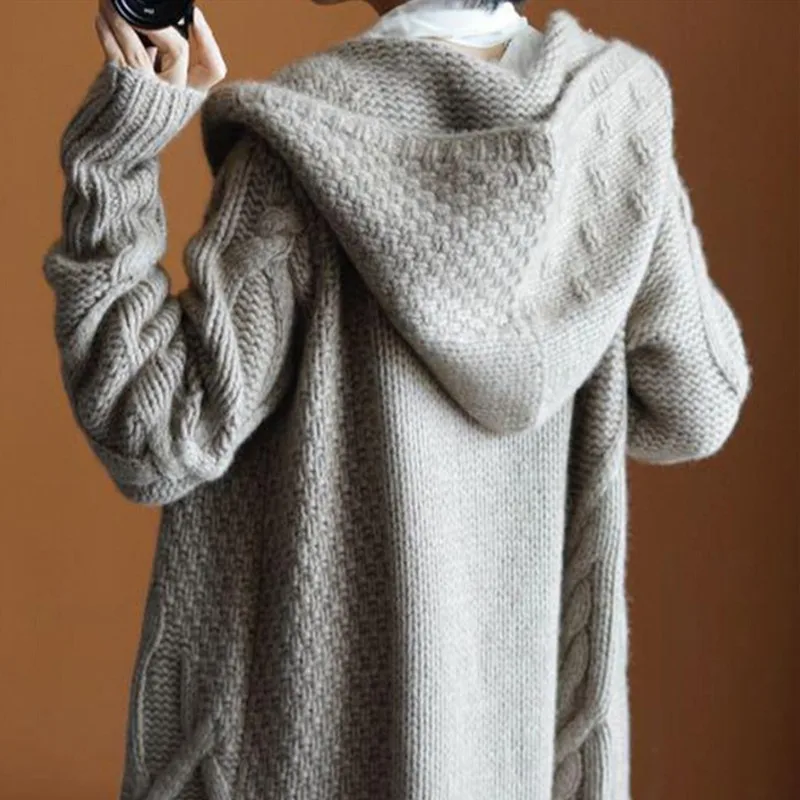 New Women Autumn Hooded Split Slim Cardigan Long Sleeve Loose Asymmetric Batwing Pocket Thicken Sweaters |