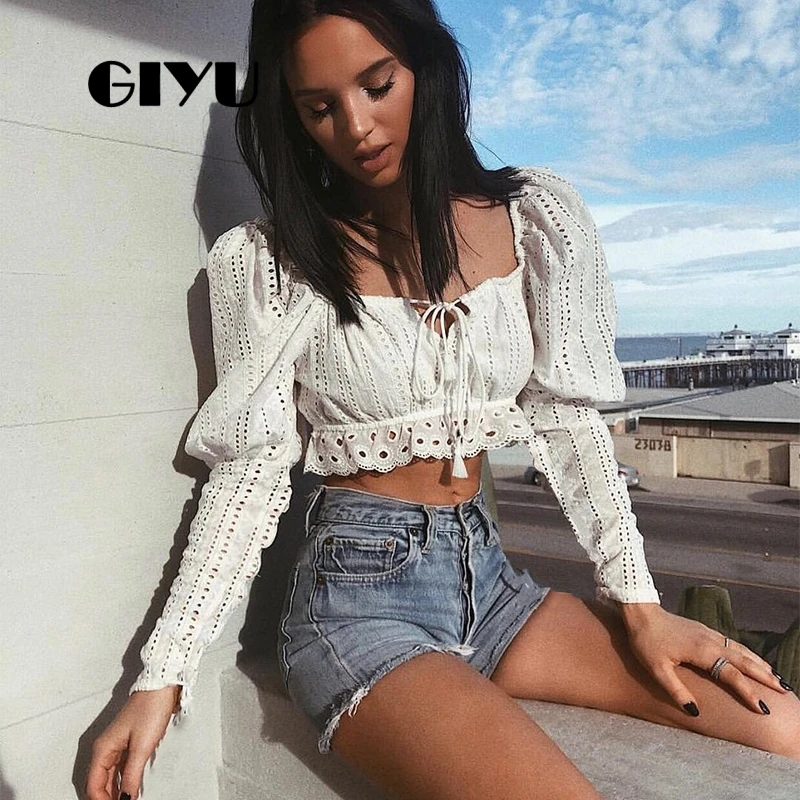 GIYU/осенние белые женские рубашки с завязками и длинными рукавами блуза открытыми