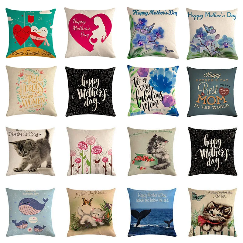 

45x45cm Cute Cat Pillow Cotton Linen Valentine's Day Throw Pillow Home Decor Flower Mother's Day Cushion Covers Pillowcase