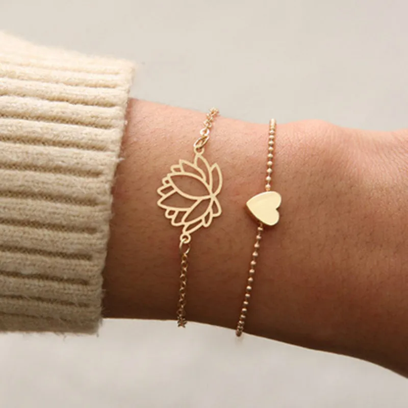 

New Simple Hollow Lotus Flower Bracelets Bangles for Women Love Heart Gold Silver Chain Bracelet Femme 2019