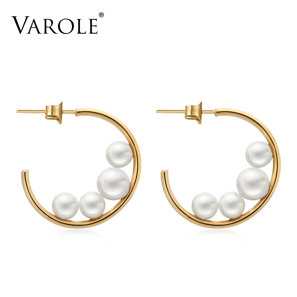 

VAROLE Korean C Shape Earrings Stainless Steel Pearl Gold Silver Color Hoop Earrings for Women Wedding Jewelry kolczyki