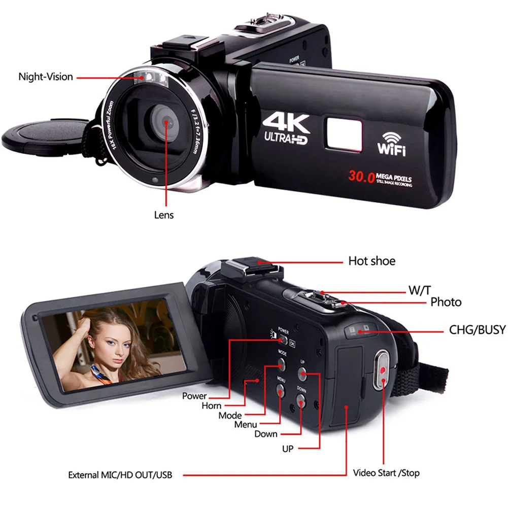 Профессиональная цифровая видеокамера 4K WiFi Ultra HD 1080P DV с объективом + микрофоном JR
