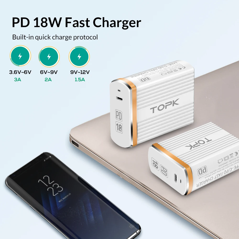 TOPK B135P 18 Вт Тип C PD Быстрая зарядка USB зарядное устройство для samsung Galaxy S9 S8 Plus EU/UK