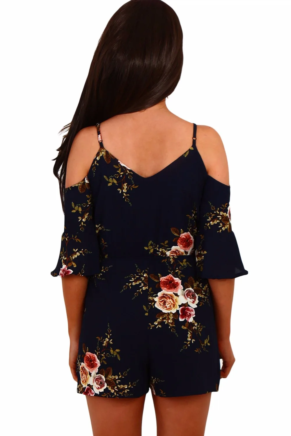 Абрикос multi цветочные оборками Обёрточная бумага открытыми плечами комбинезоны