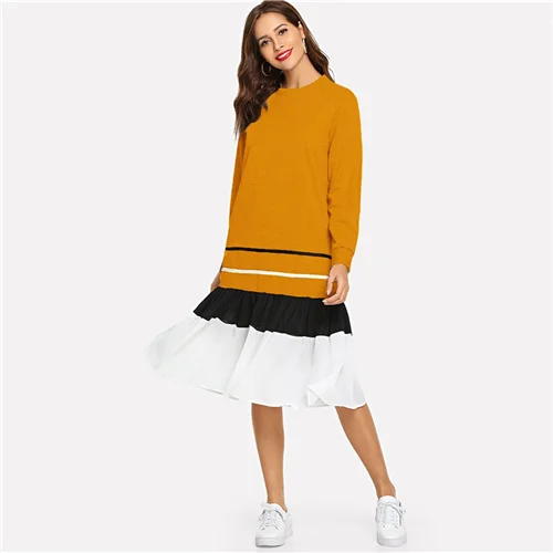 Dotfashion, желтые полосатые платья с оборками, женская одежда, осень, Повседневная модная одежда, толстовка с длинным рукавом, платье - Цвет: Цвет: желтый