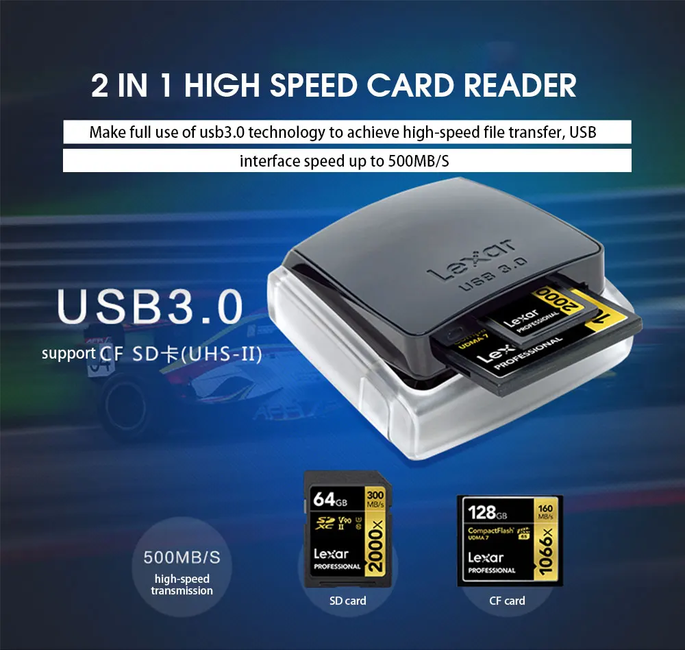 Продвижение Lexar Professional 2 в 1 Высокоскоростной USB 3,0 двухслотовый считыватель для Sd карты/Compact Flash CF считыватель карт памяти