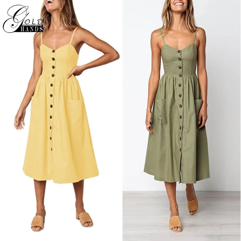 Золотистое хлопковое однотонное платье с пуговицами А силуэта и высокой талией