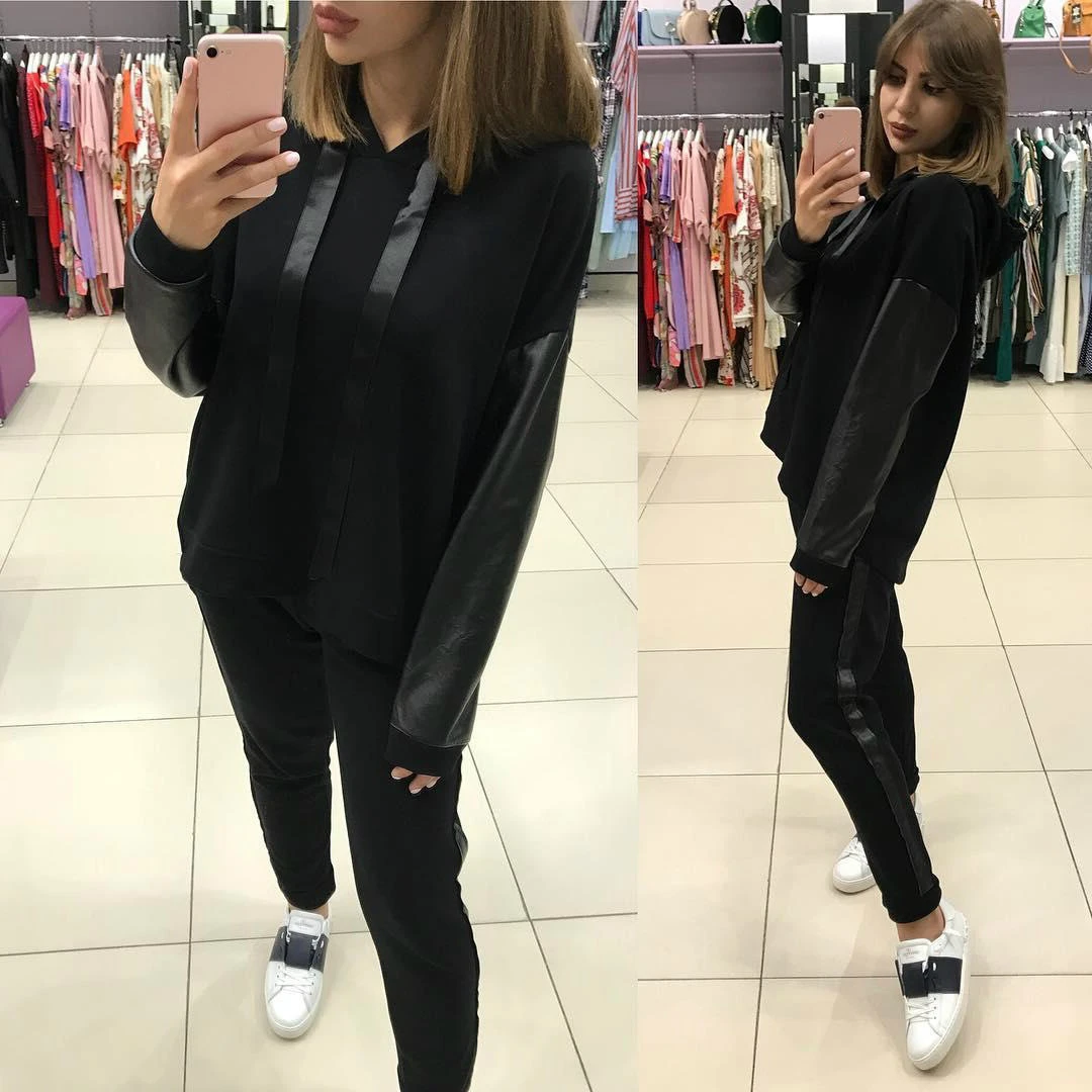 XUANSHOW Уличная Хлопок Повседневный Спортивный костюм для женщин Осень Зима молния нерегулярные шить толстовки Длинные брюки костюм из двух частей