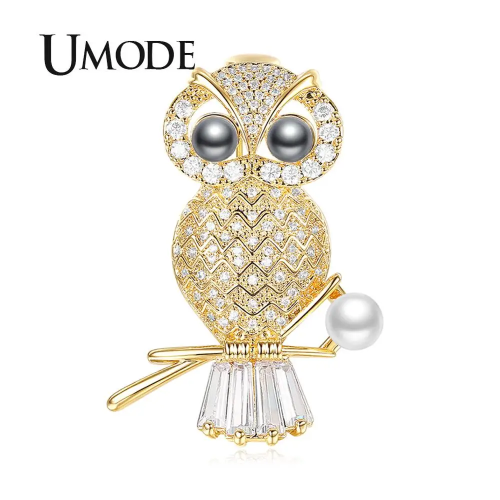 UMODE Роскошный CZ кристалл новая Сова жемчужные броши для женщин серебряная брошь булавки ювелирные изделия костюм одежда зажимы аксессуары UX0014B - Окраска металла: 18k Gold