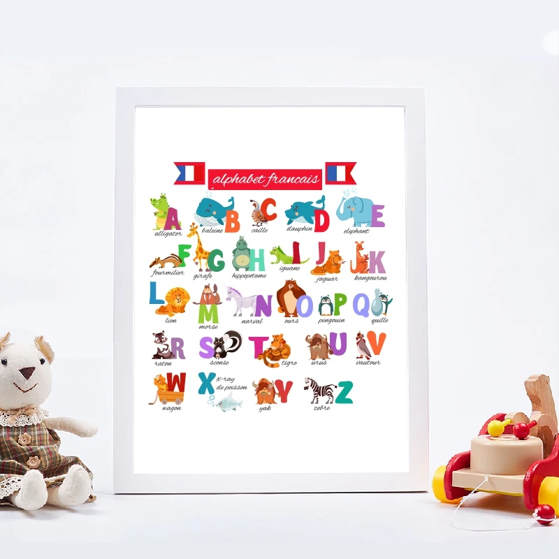 French Cute Cartoon Alphabet with Animals Print Nursery Wall Art Canvas Painting Education Poster Picture Kids Room Decor | Дом и сад