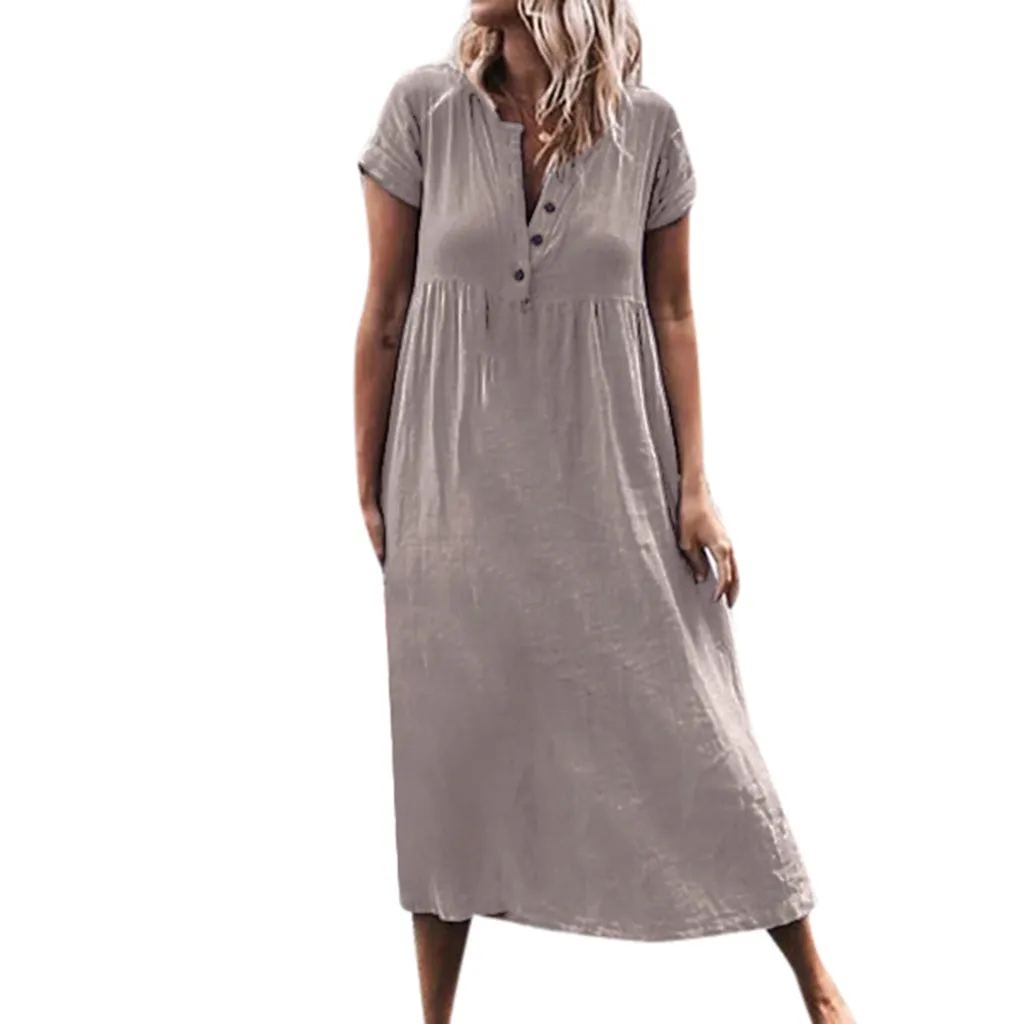 Women 2019 Solid V Neck Dresses Roll Up The Sleeve Dress Splice Button Bohemian Plus Size Casual Summer | Женская одежда