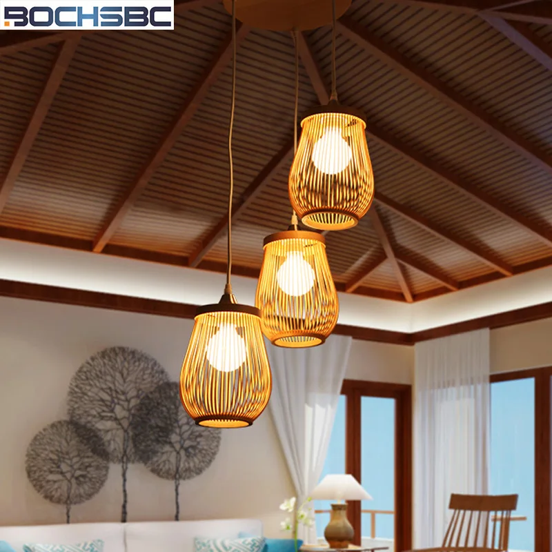 

BOCHSBC Wicker And Bamboo Hand Knitted Lampshade Pendent Light Chinese Country Simple Hanging Lamp for Living Room Dining Room