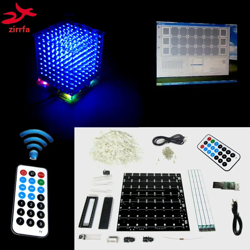 Рождественский подарок 3D 8 8x8x8 светодиодный Электронный светильник cubeeds diy kit пульт дистанционного управления с программным обеспечением ПК/светодиодный музыкальный спектр