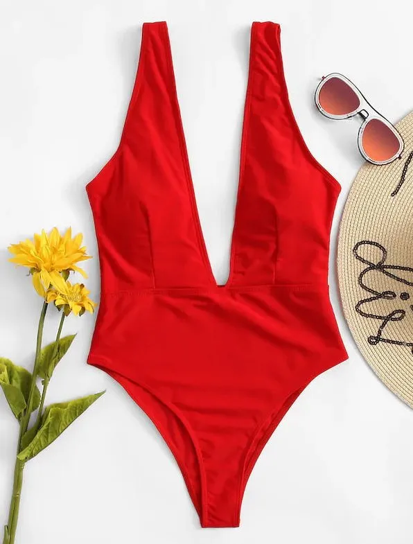 Женский купальник с глубоким v образным вырезом желтый высокой талией пляжный