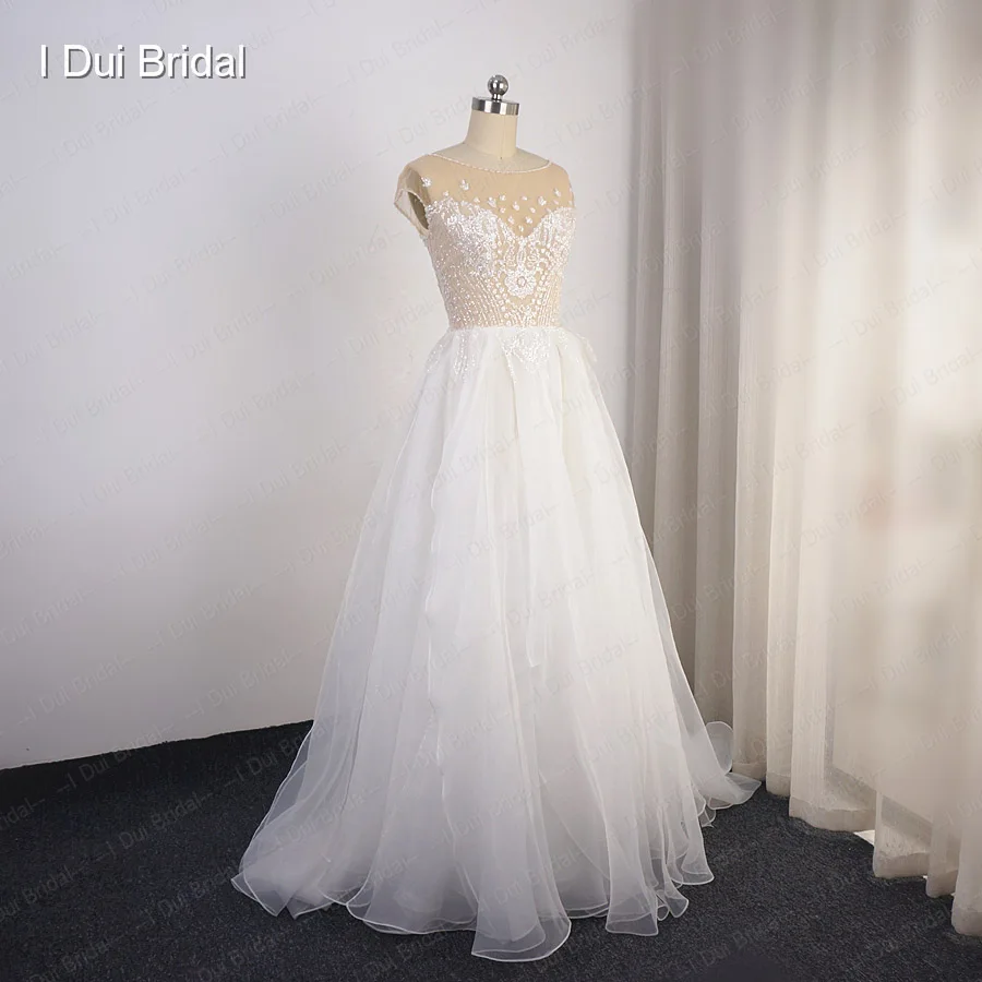 Cap Sleeve Sparkle Wedding Dress with Organza Ruffles Illusion Neckline Shinny Bridal Gown | Свадьбы и торжества