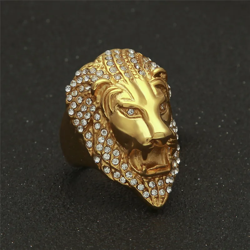 

European and American hip hop men's stainless steel vacuum plating color-protected lion head large ring