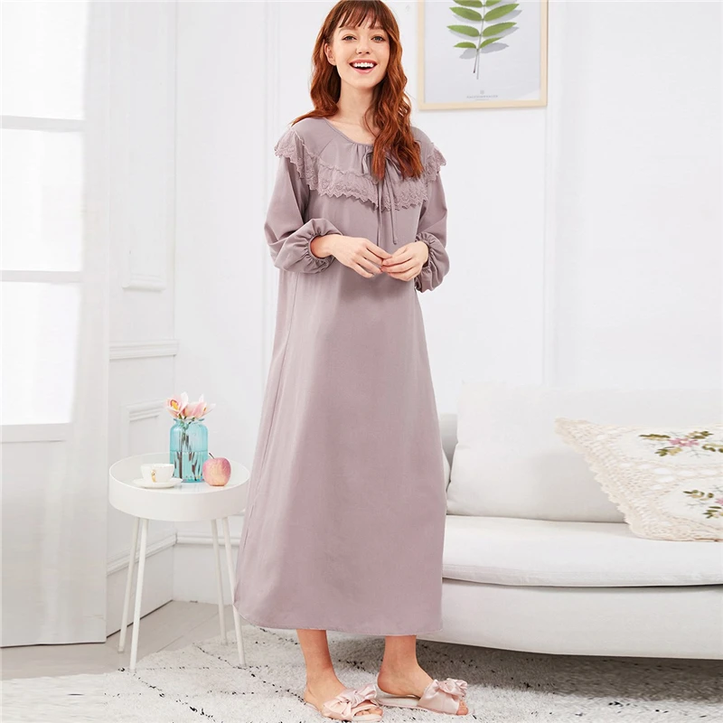 SHEIN Длинная Ночная Рубашка С Ажурной Вставкой, Пижама С Длинным Рукавом И Кружевной Вставкой