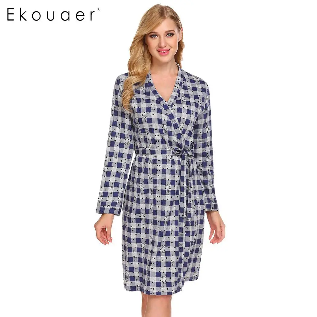 Ekouaer 100% хлопковый Халат женский халат ночная рубашка в клетку с длинным рукавом
