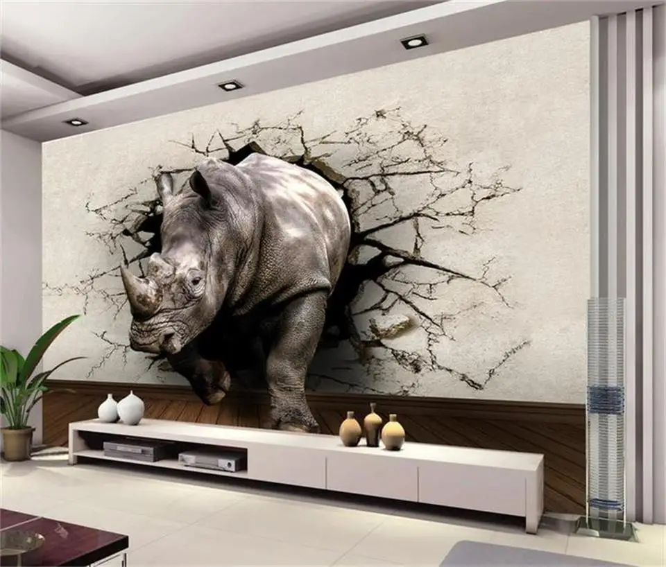 

Настенные 3d обои на заказ, для гостиной, детской комнаты, с рисунком носорога, Настенная пещера, фоновые нетканые 3D-обои для стен под Телевиз...