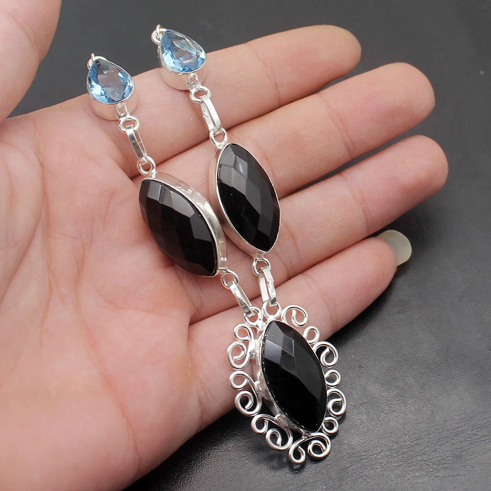 Fantasy Unique Black Onyx BlueTopaz 925 Sterling Silver Color Chain Pendant Necklace 19 Inch TF806 | Украшения и аксессуары