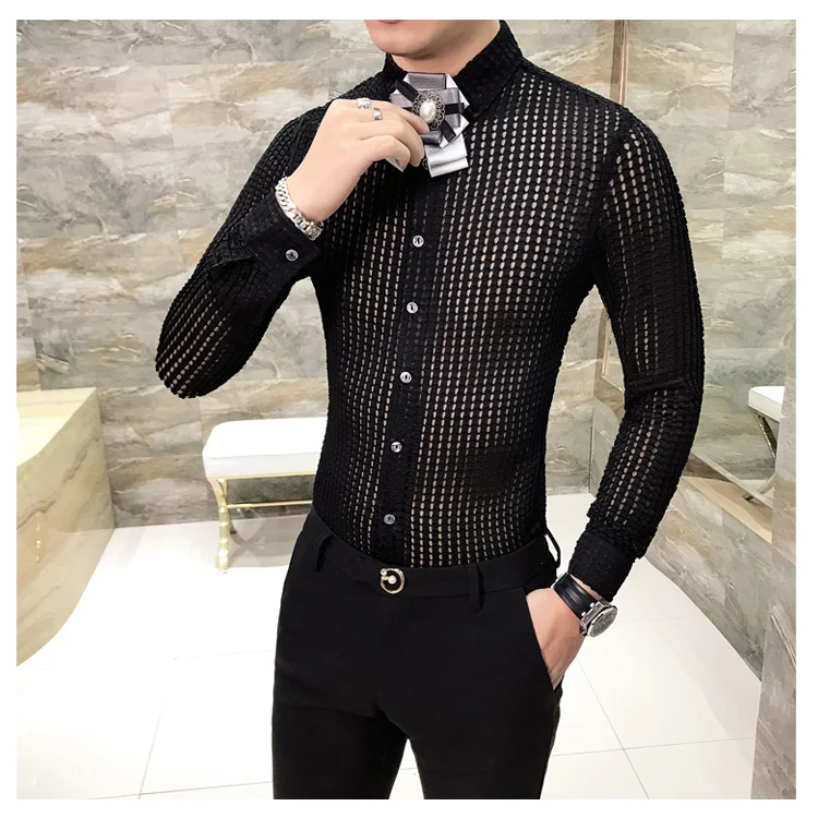 Платье рубашка Для мужчин See Through рубашка модная дизайнерская Повседневная рубашка Slim Fit с длинным рукавом клуб Пром Camisa социальной Masculina