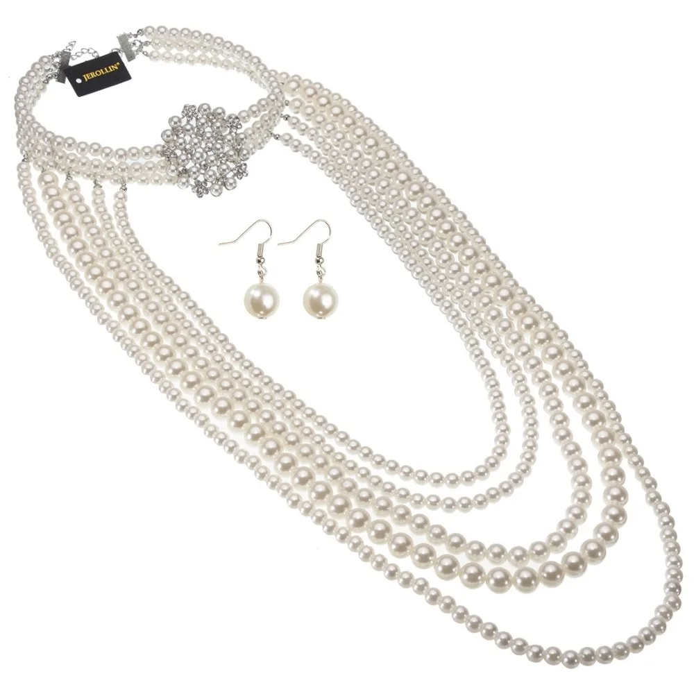 JEROLLIN Multi layers Pearl Beads Women Necklace Earring Jewelry Set Three Strands Pink Green beaded | Украшения и аксессуары
