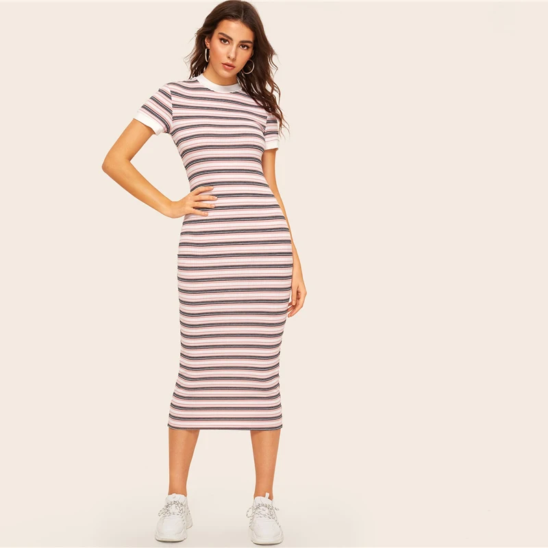 SHEIN, Полосатое платье-карандаш с контрастной горловиной и манжетами,, консервативный дизайн, цветные блоки, тянущиеся, весна-осень, облегающие Женские платья