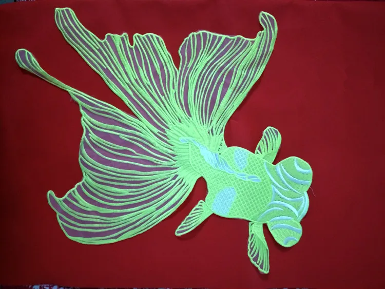 A large fluorescent green embroidery goldfish patch Chiffon red applique for clothes | Дом и сад