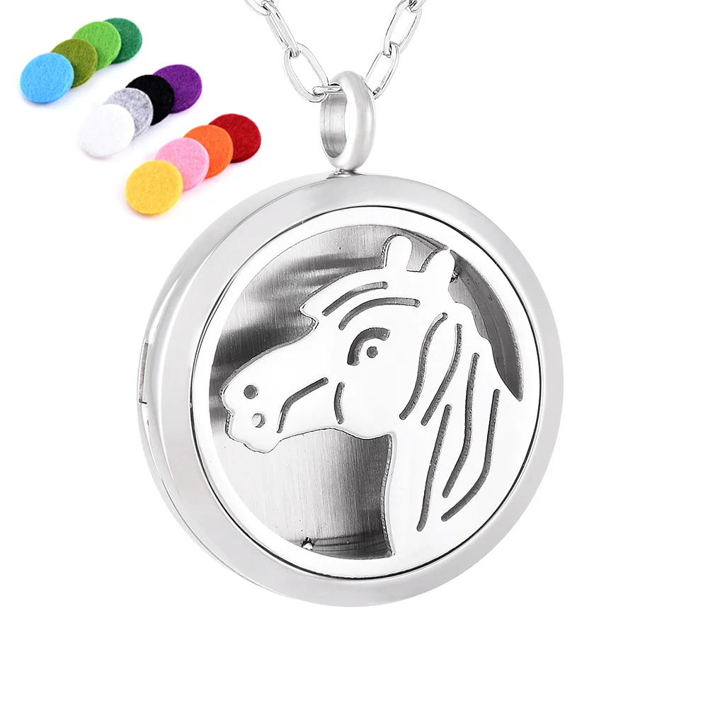 

New Fashion Eau De Parfum Women Necklace Horse Pendant Stainless Steel locket Chain Perfume Essential Oil Diffuser Necklace