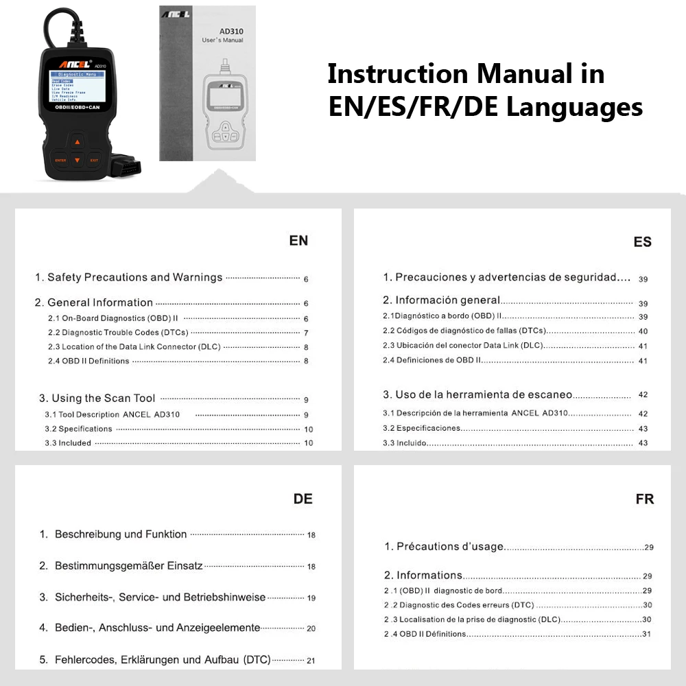 10 шт./лот Ancel AD310 АВТО OBDII OBD2 считыватель кодов неисправностей двигателя Улучшенный OBD 2 EOBD протоколы Can bus автоматический диагностический сканер