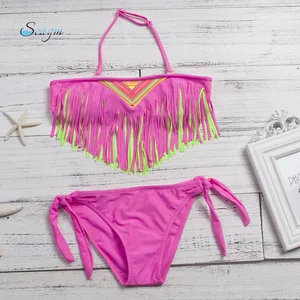 От 3 до 12 лет бикини с кисточками для девочек 2020 Mujer, Детский комплект бикини, однотонный детский купальник, купальный костюм 5 цветов, бикини 102